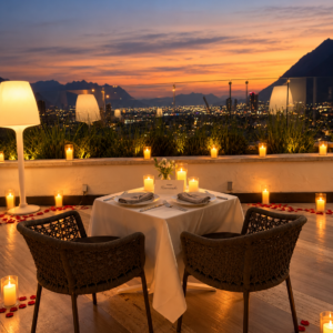 Cena romántica en terraza punto valle