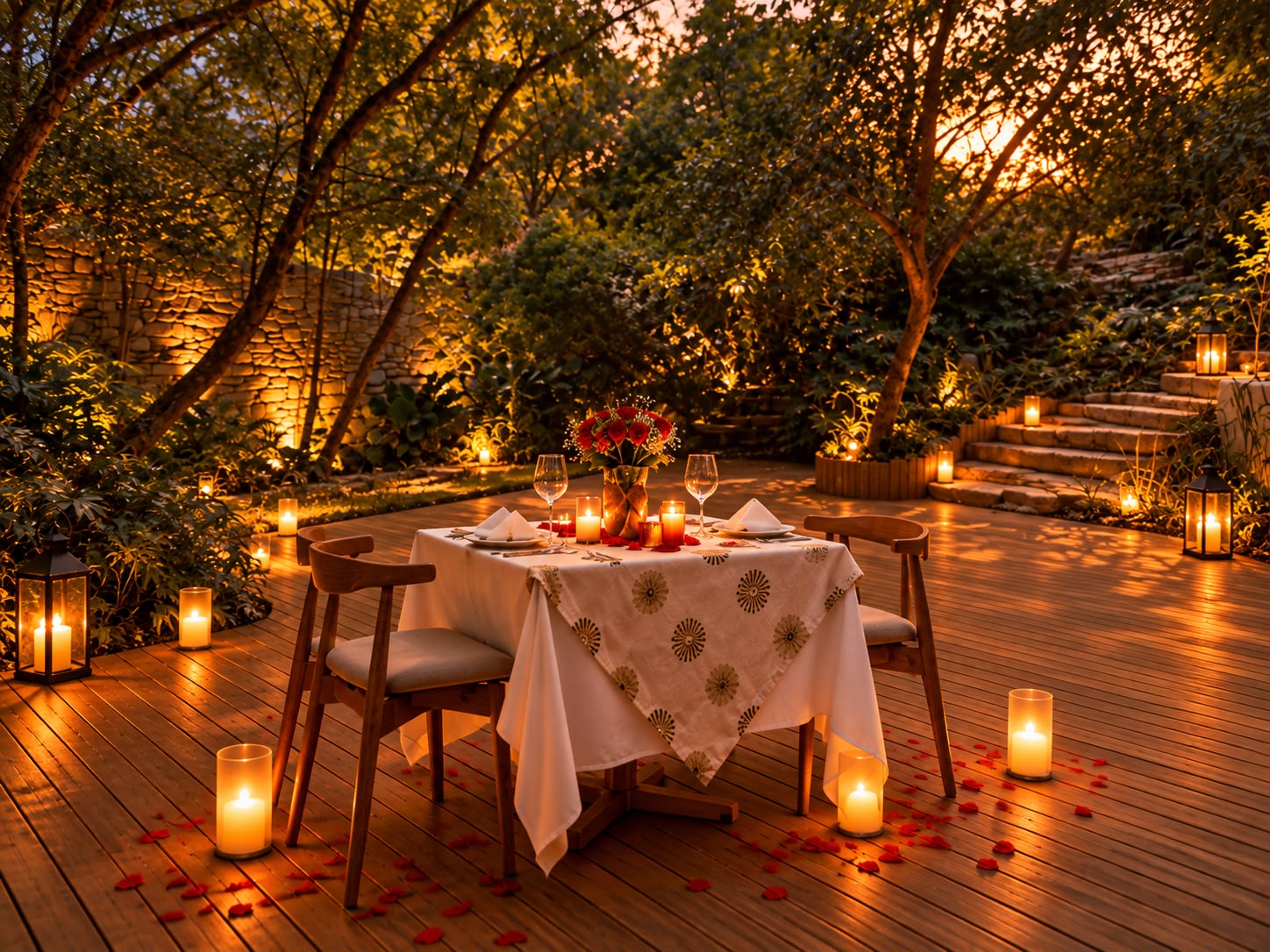 Cena romántica en lago de loto en la montaña - Imagen 4