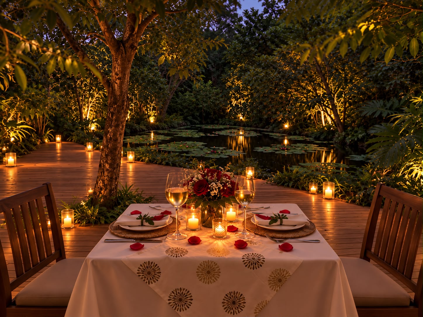 Cena romántica en lago de loto en la montaña - Imagen 2